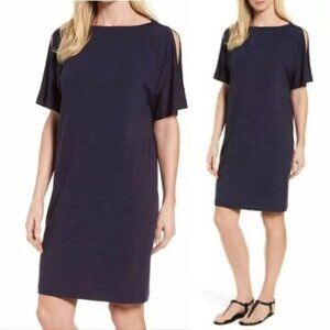 Eileen Fisher Bateau Neck Kimono Short Sleeves Shift Dress Navy Petite Medium PM